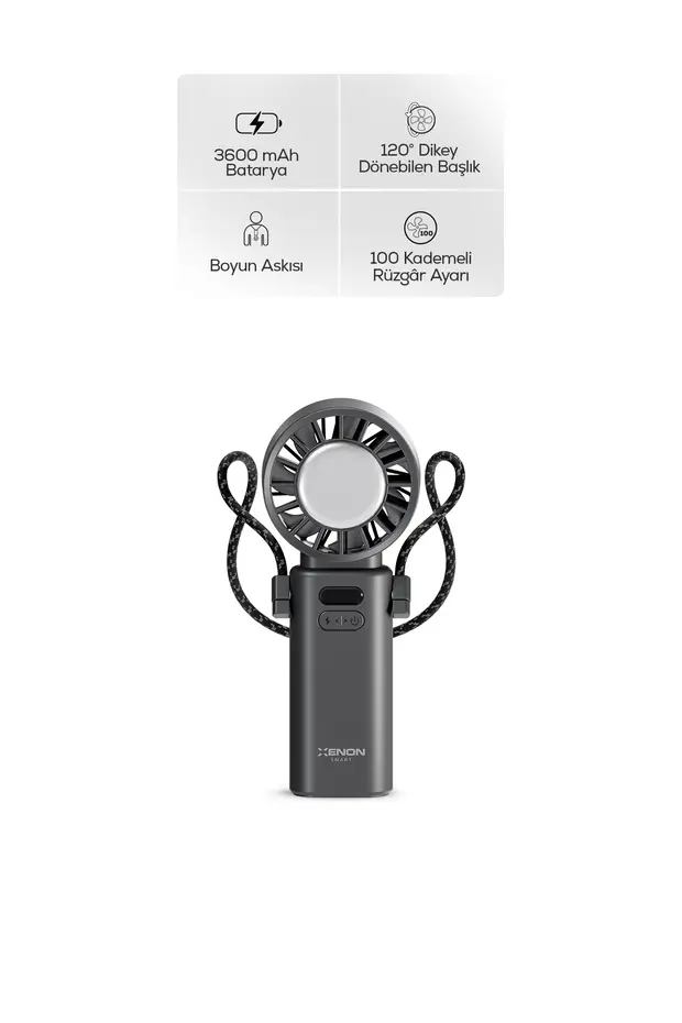 Peltier Buz Soğutmalı El Vantilatörü | 100 Kademe, 3600mAh, 8300 RPM, USB-C, Askılı (Gri-X6111)